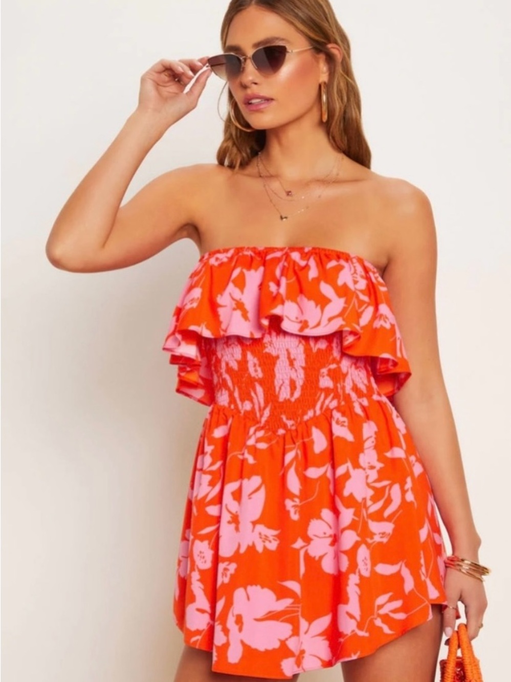 Vici Lilly Floral Smocked Strapless Romper- Medium
